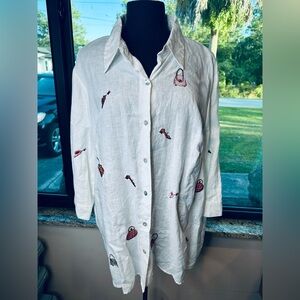 Richard Malcolm White Embroidered Shoes Purses 100% Irish Linen Blouse Size 3X